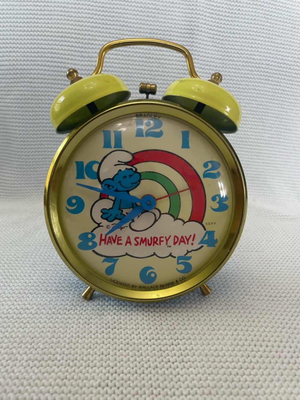 Vintage 80’s Smurfs Bradley Alarm Clock Rainbow“Have a Smurfy Day”Wind-Up AS-IS